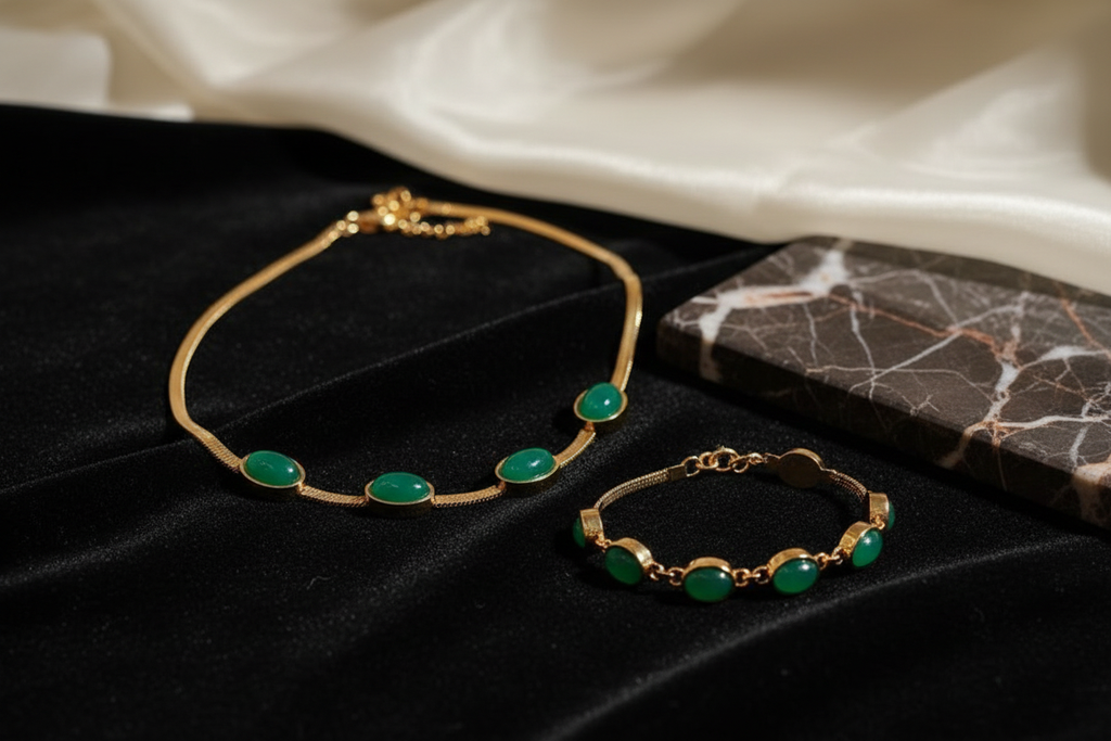 Oval Green Crystal Necklace and Bracelet Set